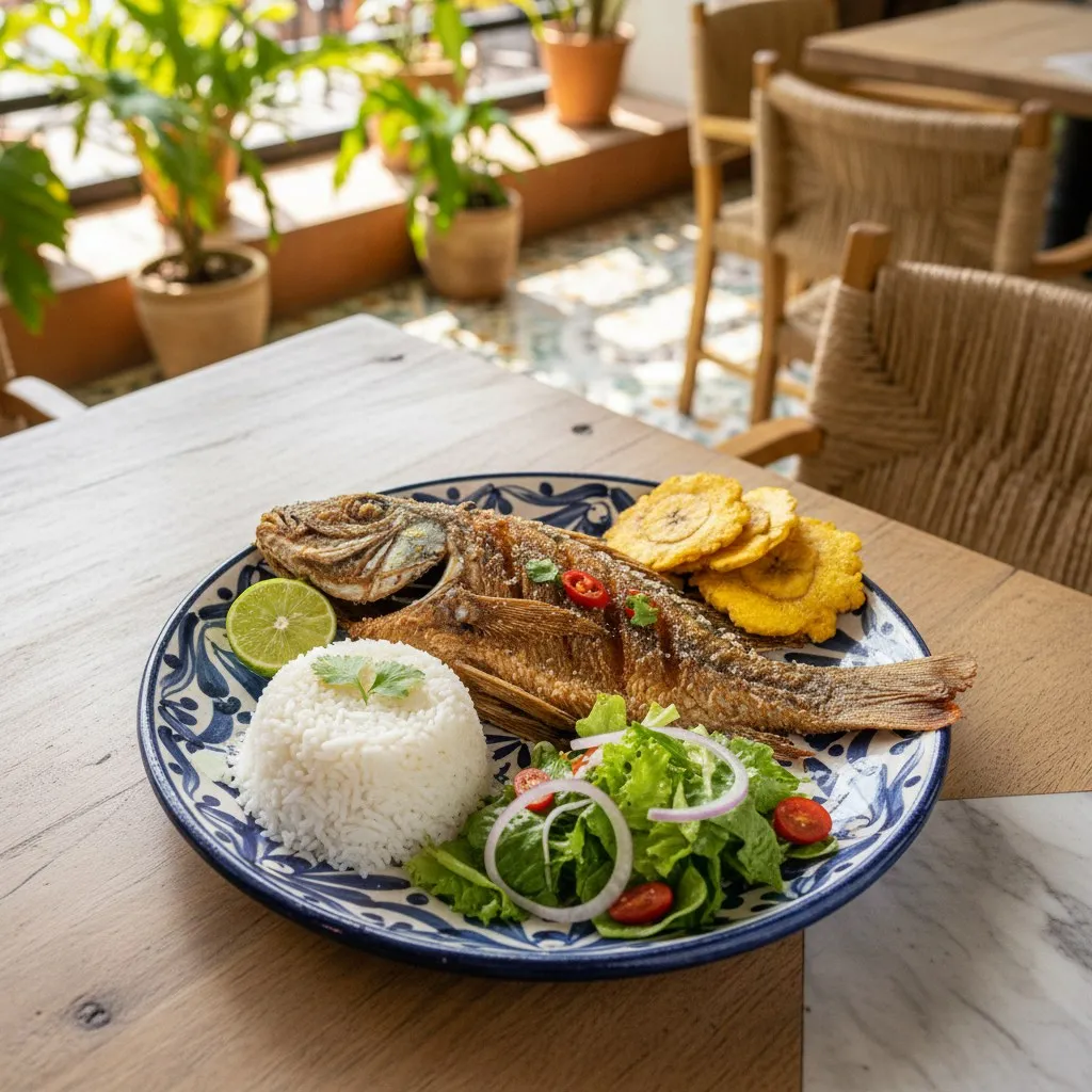 Mojarra frita con arroz con coco y patacones